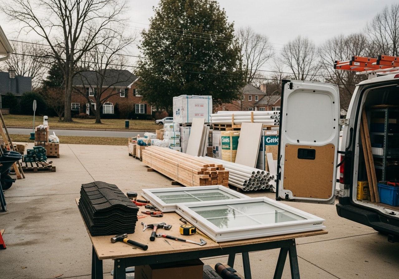 Professional construction crew and remodeling tools on a residential job site, showcasing quality workmanship and project readiness.