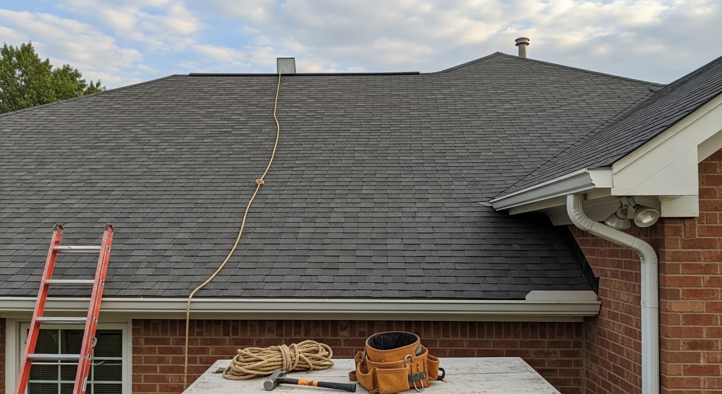 Roofing contractor installing new roof on residential home