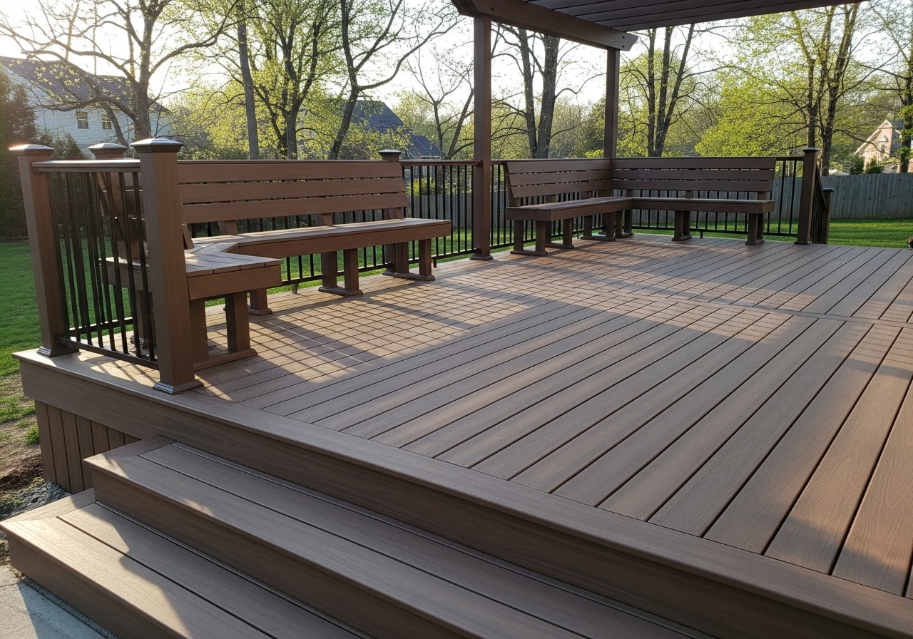 Trex composite deck with pergola and built-in seating in Reston backyard