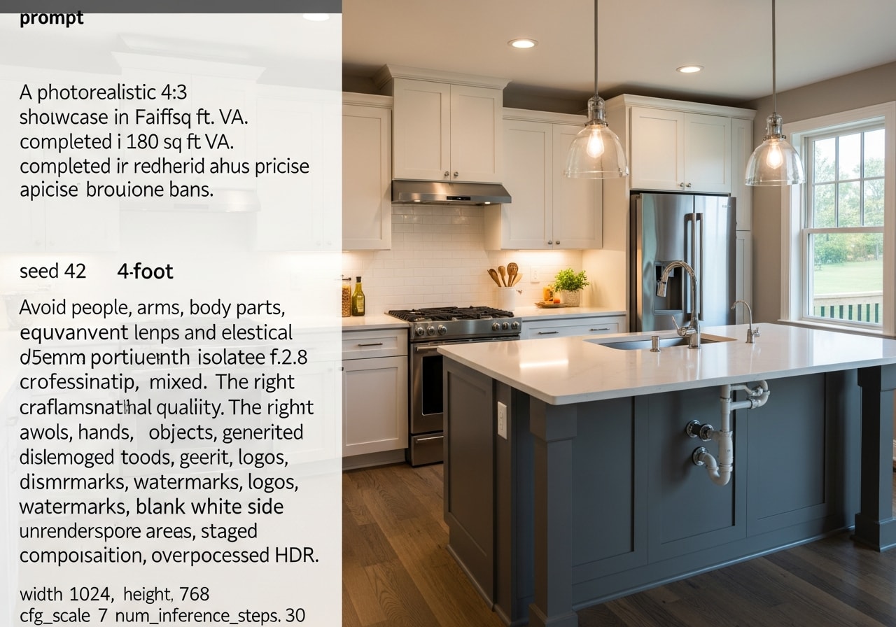 Modern kitchen with white cabinetry, quartz countertops, and island in Fairfax home
