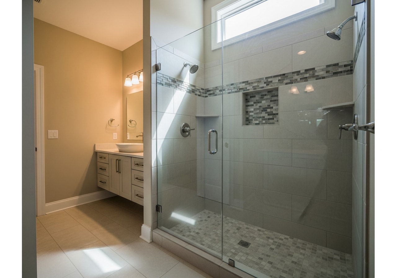 Luxury master bathroom with frameless walk-in shower and floating vanity in Chantilly