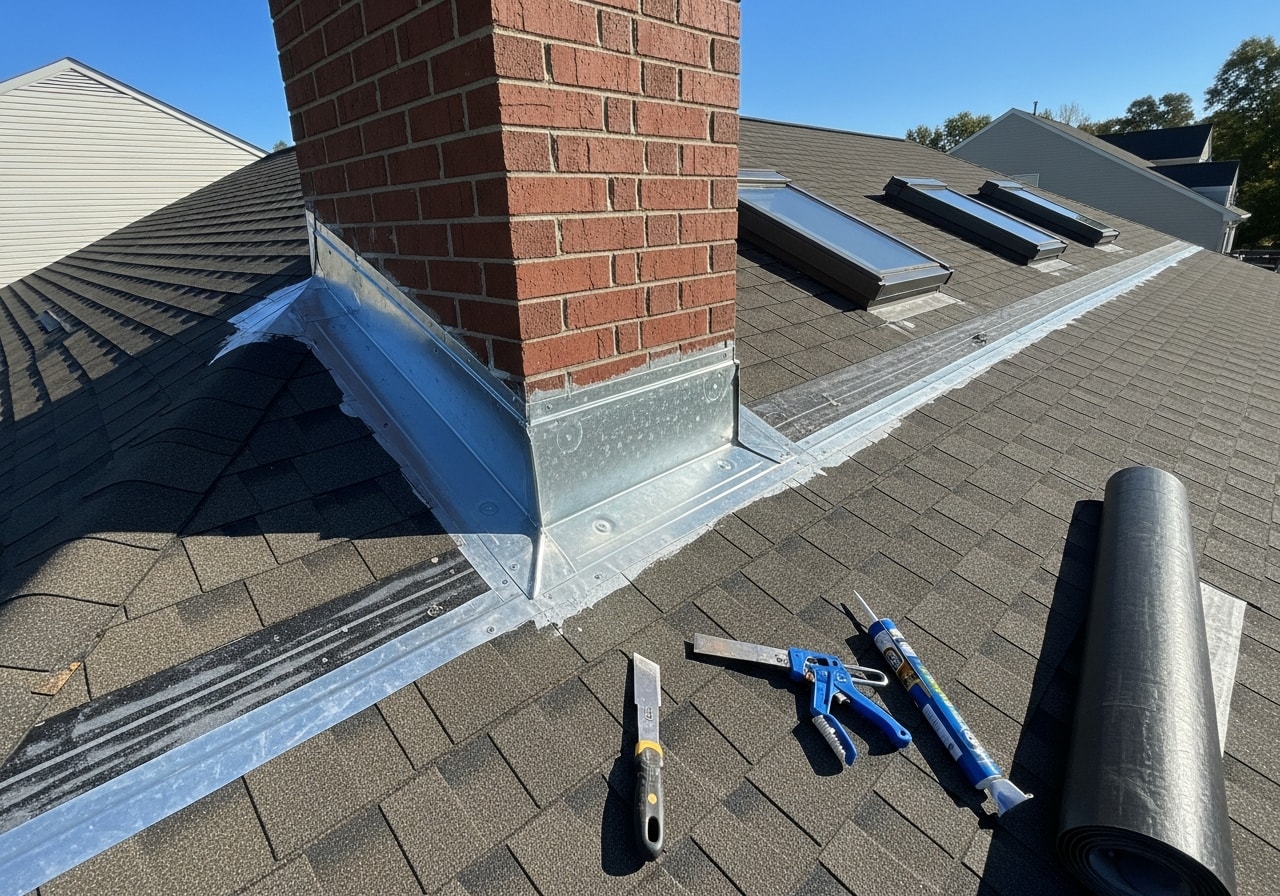 Roof repair and flashing work on Sterling home after storm damage