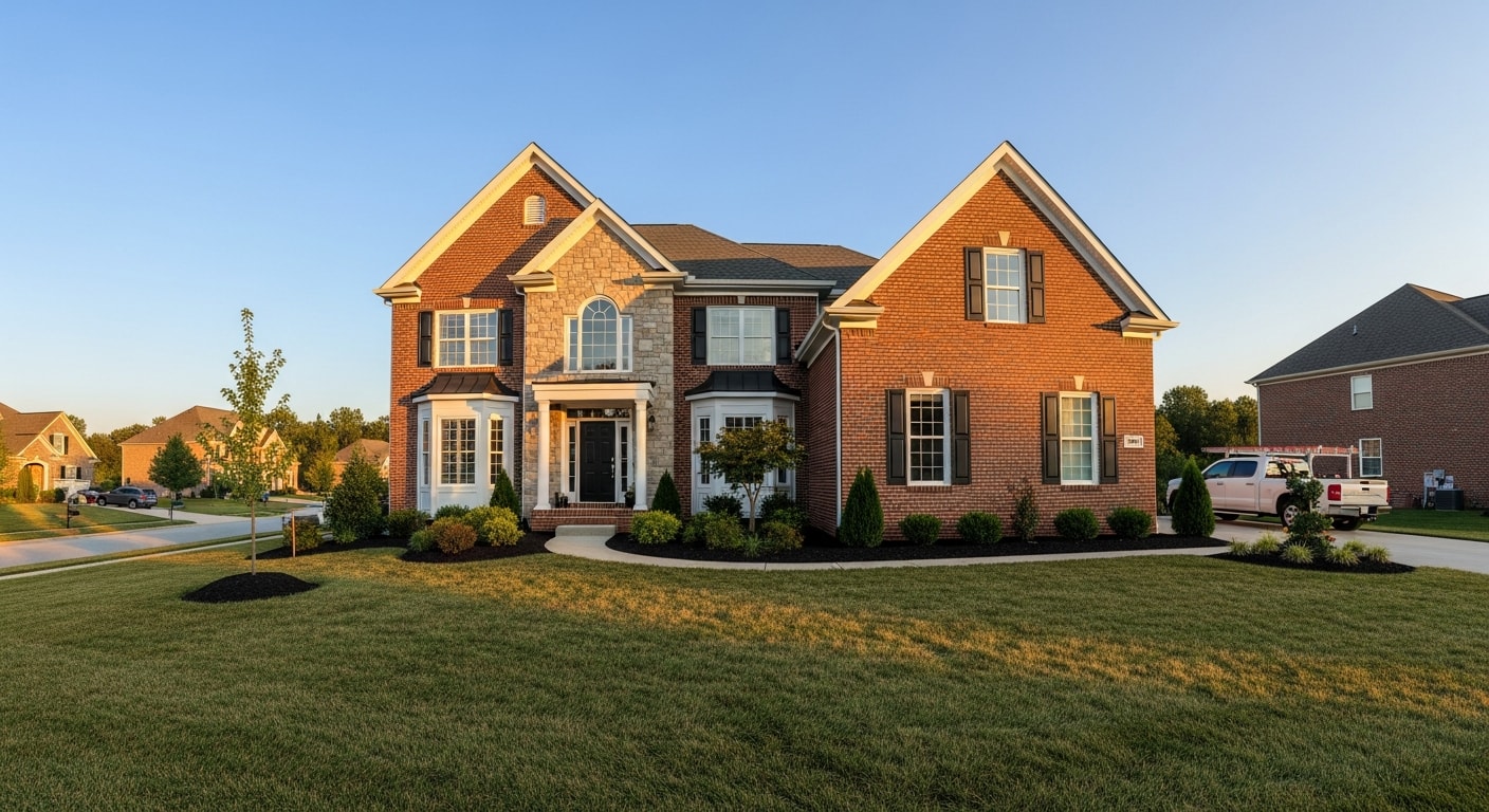Modern two-story home in Ashburn with manicured landscaping and brick exterior, typical of Broadlands or Briarwood subdivisions.