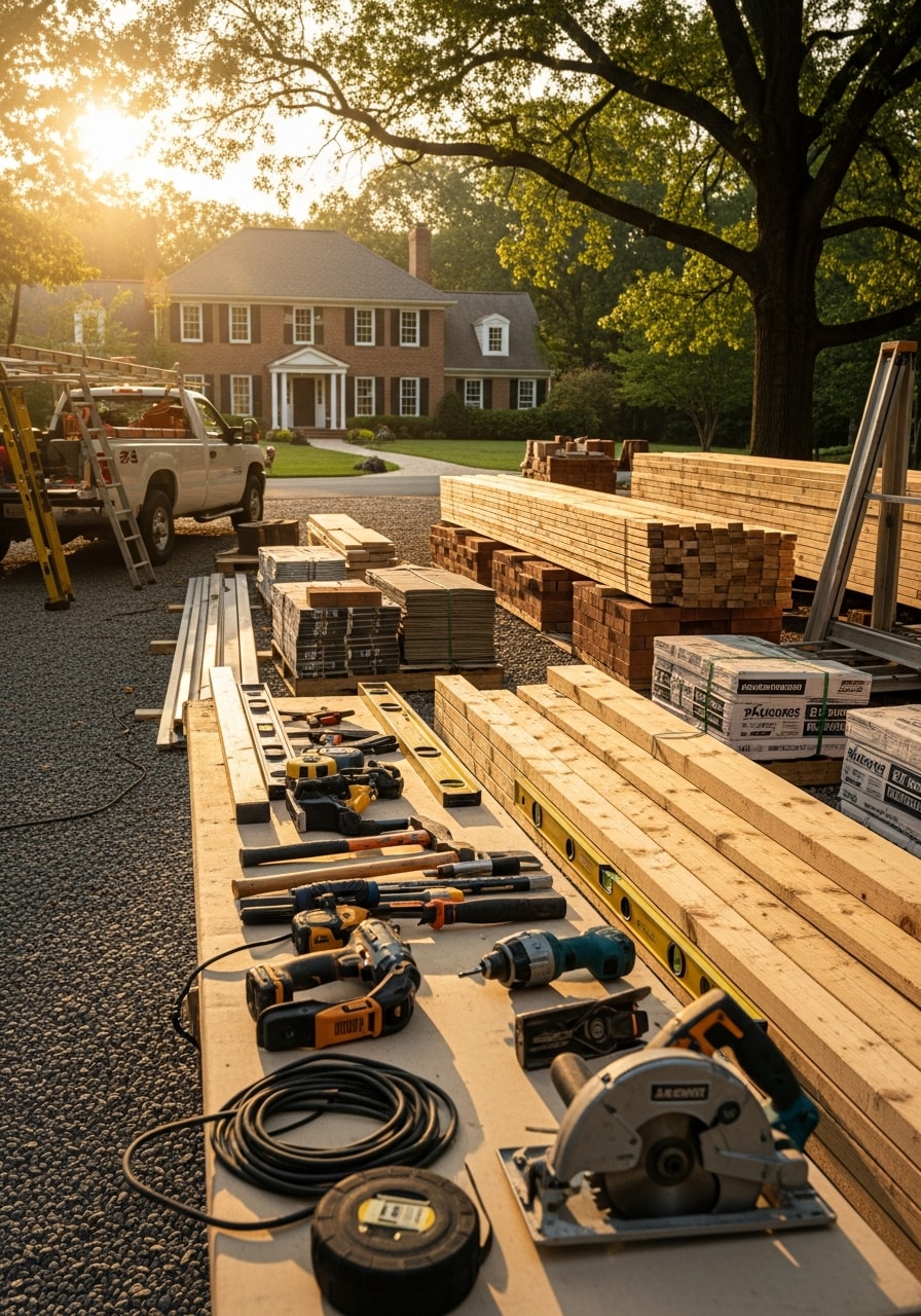 Worksite photo showing professional crew and organized materials during a Chantilly residential project.