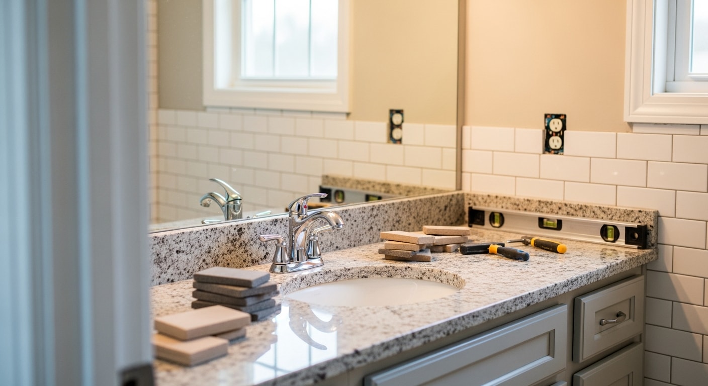 A remodeled primary bathroom in an Ashburn, VA home featuring a walk-in tile shower, updated vanity, and modern fixtures. The finished space reflects a full gut renovation typical of older Loudoun County homes updated by Elements Home Remodeling.
