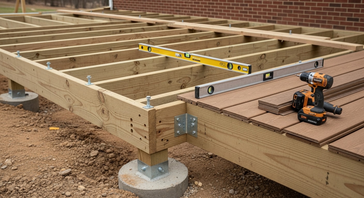 A newly built attached wood deck on the back of a residential home in Ashburn, VA, with code-compliant railings and stairs leading to a backyard lawn. The deck structure shows exposed framing and post footings set at grade level on a Loudoun County residential property.