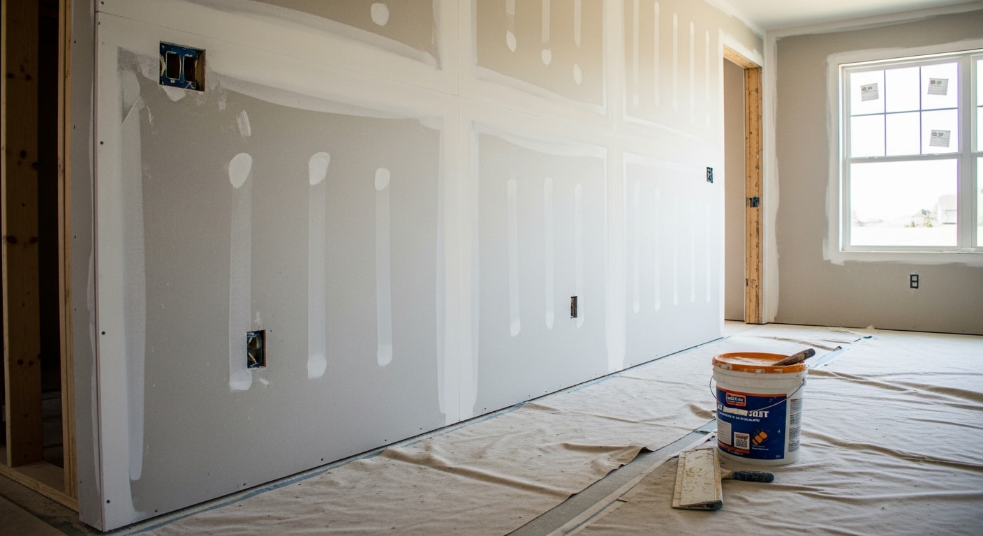 A freshly finished drywall wall in an Ashburn, VA home interior showing smooth, seam-free surfaces ready for paint. A handyman from Elements Home Remodeling sands the final coat of joint compound in a residential room.