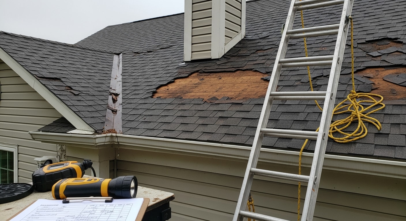 A roofing contractor from Elements Home Remodeling inspecting storm damage on a residential roof in Ashburn, VA, with missing shingles and exposed decking visible after a wind event. Close-up view of damaged flashing and lifted shingle edges on a suburban home in Loudoun County.