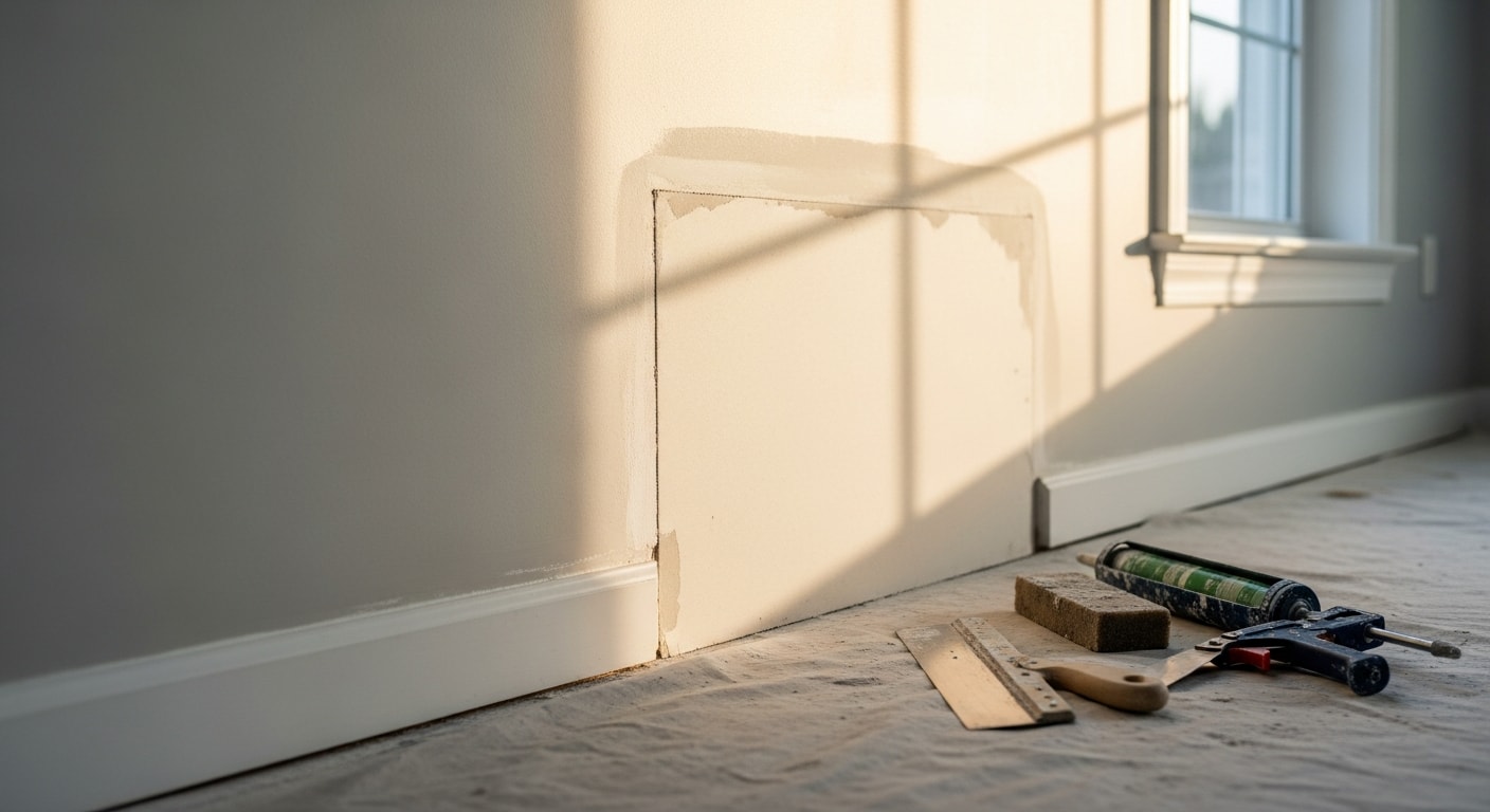A handyman patching and finishing a drywall section inside an Ashburn, VA colonial-style home. The repaired wall surface is smooth and ready for paint.
