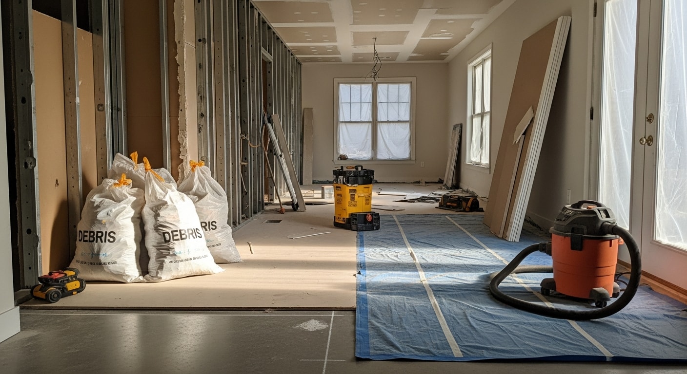 Interior of an Ashburn, VA home mid-demolition with walls stripped to the framing and flooring removed in preparation for a kitchen remodel. Dust containment plastic sheeting is visible across the doorway separating the work zone from the rest of the home.
