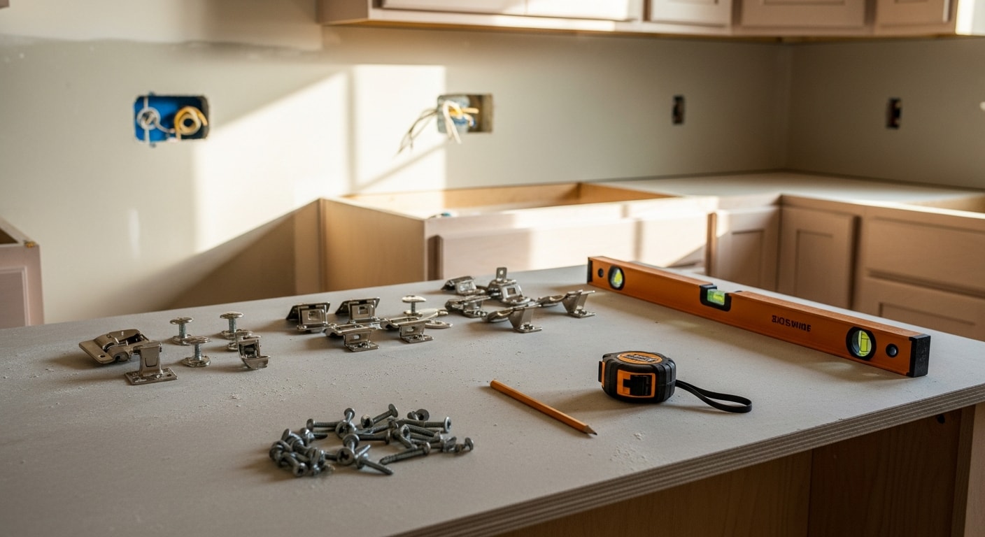 Remodeled kitchen in an Ashburn, VA home featuring custom cabinetry, stone countertops, and updated lighting above a center island. The finished space replaces original builder-grade finishes with a clean, functional layout suited to everyday family use.