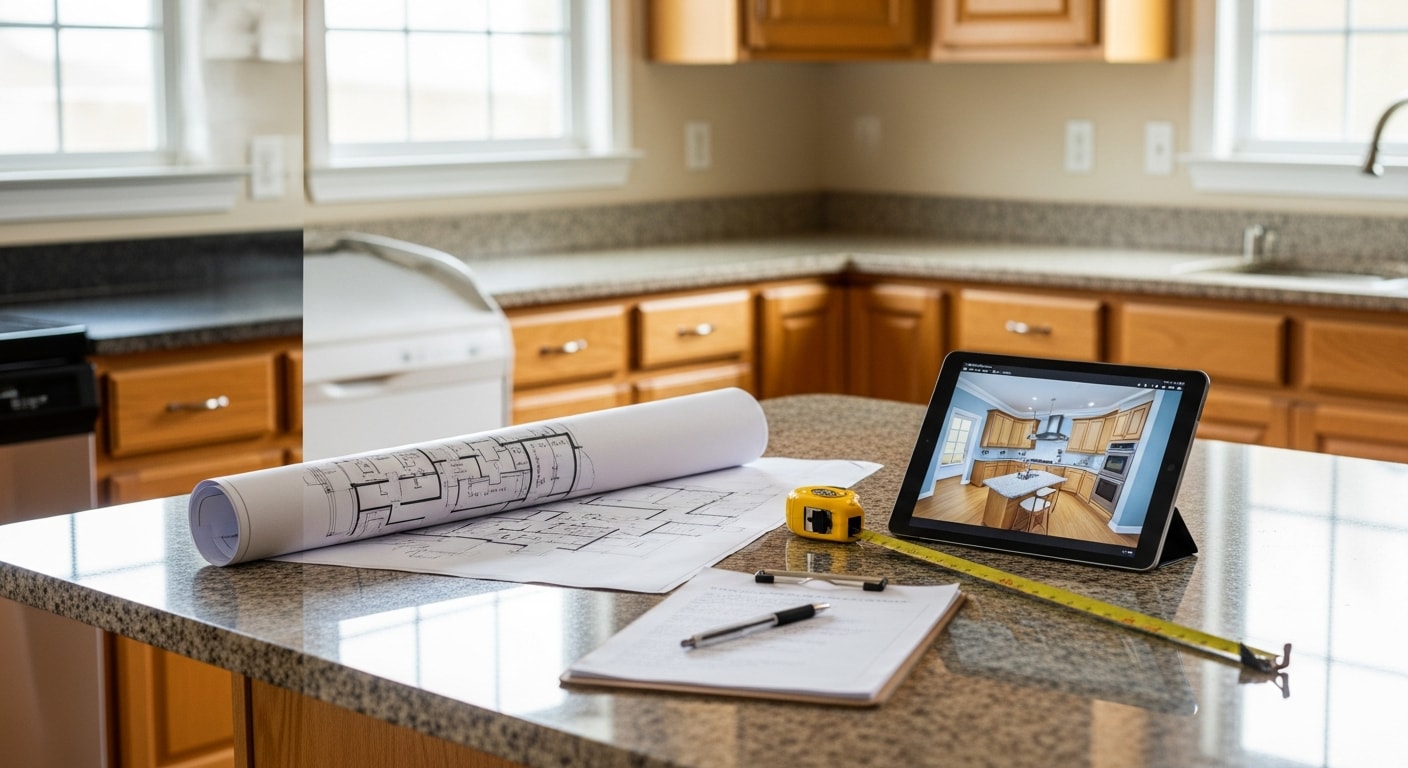A general contractor and homeowner reviewing remodeling plans together inside an Ashburn, VA home with original finishes and an open kitchen layout. The consultation takes place at the kitchen counter with project notes and a floor plan visible on the surface.
