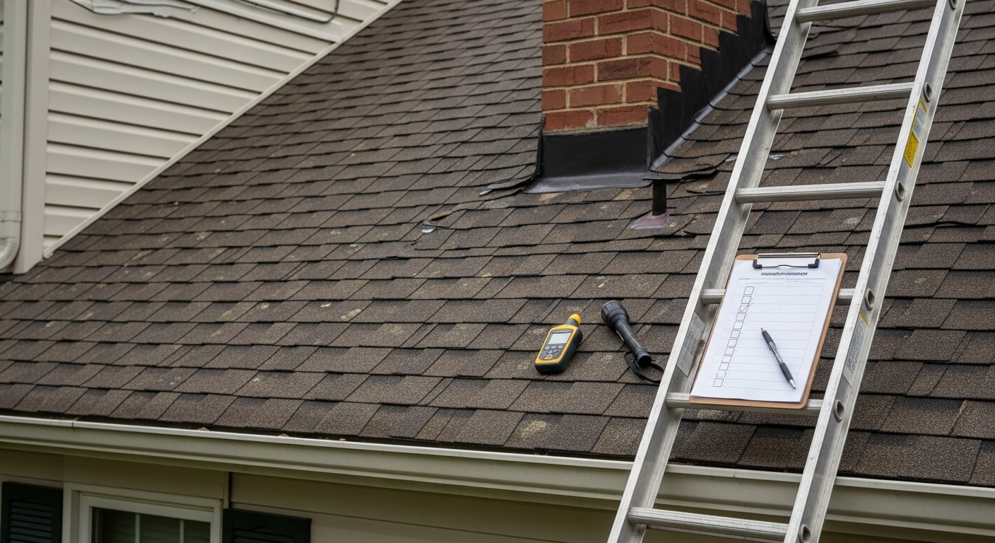 A roofing contractor from Elements Home Remodeling inspecting shingles and flashing on a residential roof in Ashburn, VA. Close-up view shows the inspector examining ridge lines and gutter connections on a suburban home.
