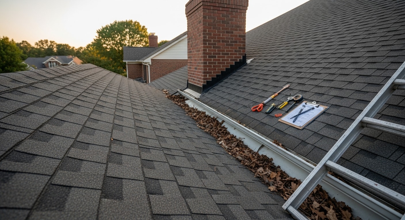 A roofing contractor inspecting shingles and flashing on a residential home in Ashburn, VA during a routine roof maintenance visit. The home shows a typical suburban roofline with mature trees in the background.