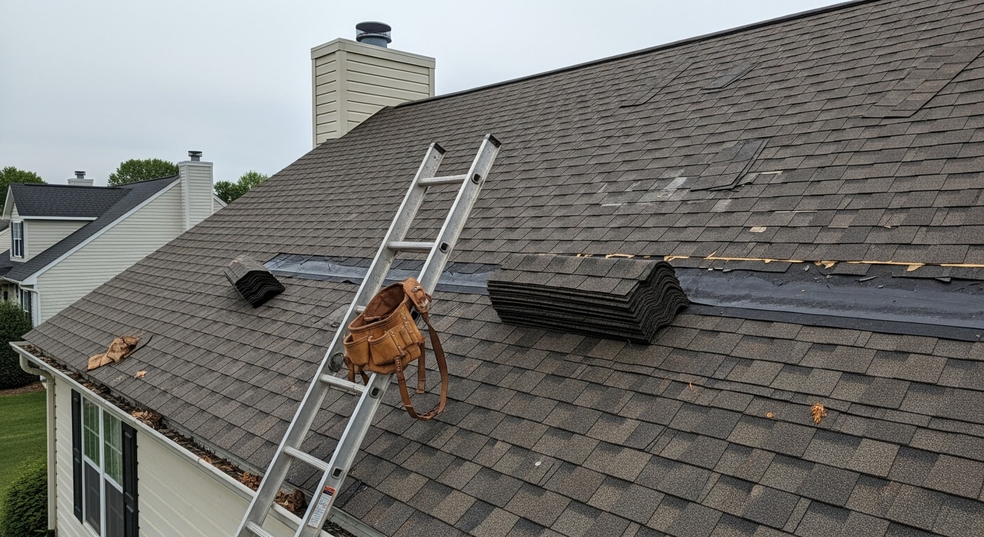 A roofing contractor repairing damaged shingles and flashing on a residential home in Ashburn, VA. Close-up view shows repaired roof section with restored edge flashing on a Colonial-style suburban home.