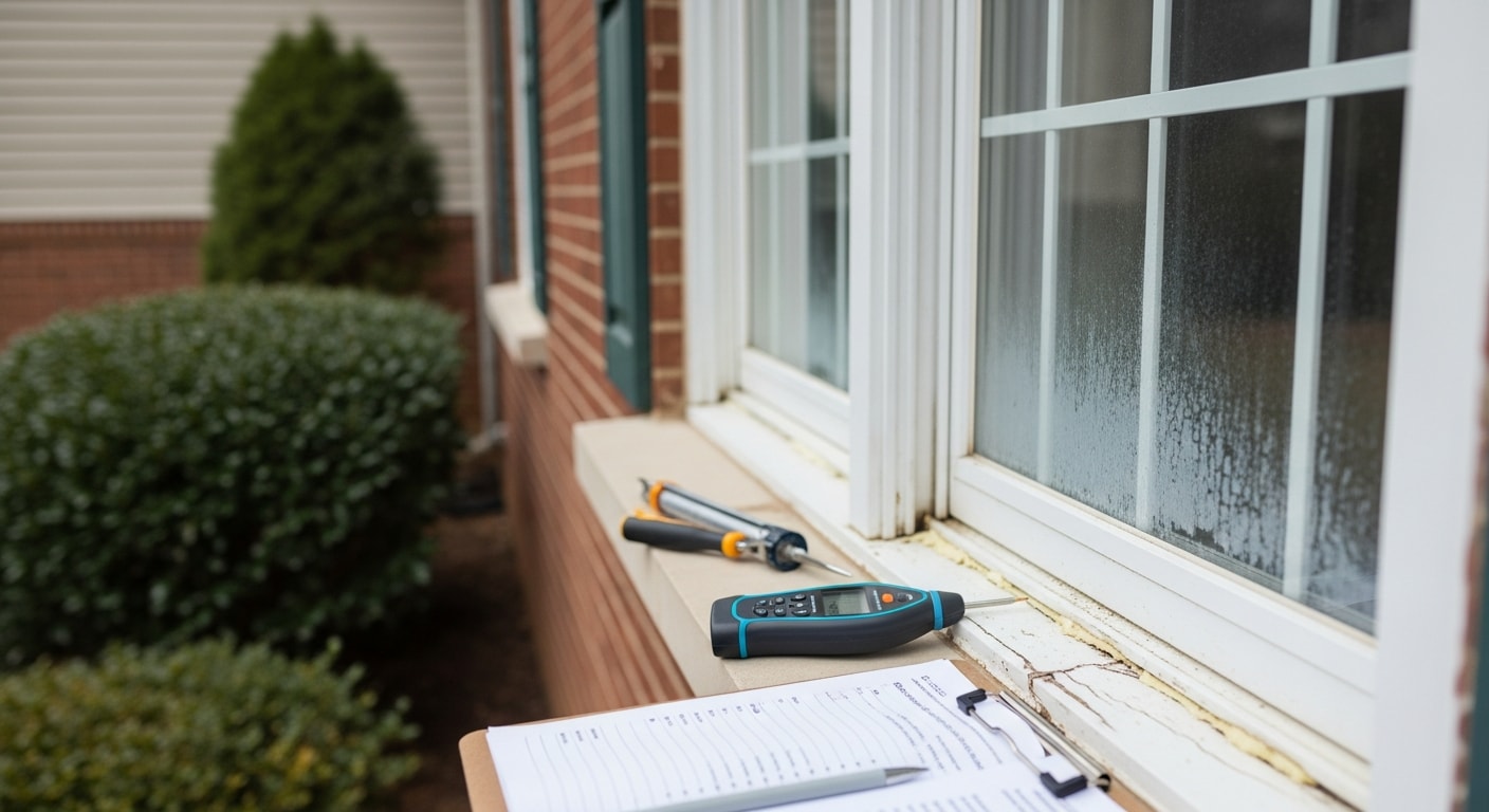 A window installation professional from Elements Home Remodeling inspecting the frame and seal condition of a double-hung window on a residential home in Ashburn, VA. Close-up view shows the technician checking weatherstripping and sill integrity from the exterior.