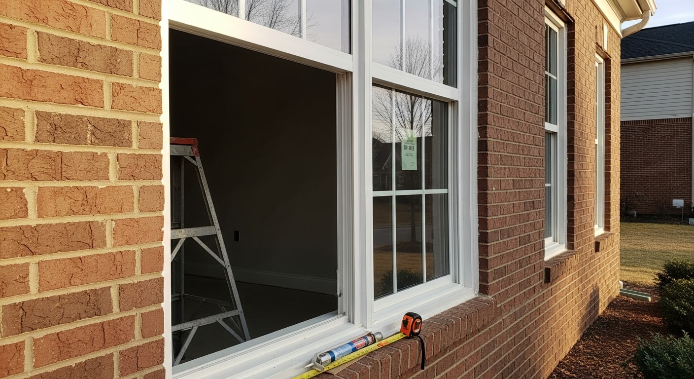 A newly installed double-hung window on the exterior of a two-story residential home in Ashburn, VA, with clean trim and a tight weatherproof seal. The surrounding siding is intact and the window frame sits flush with no visible gaps.
