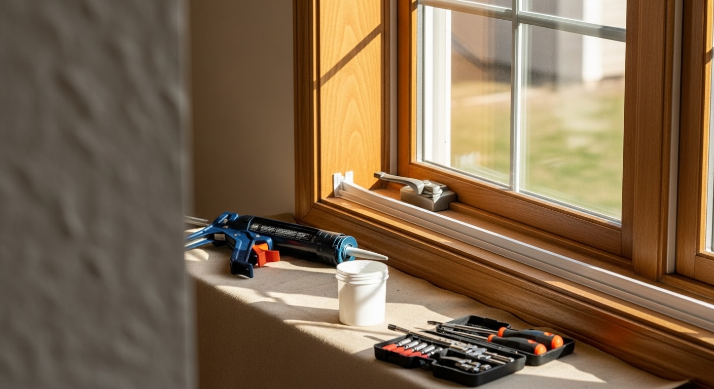 A repaired double-hung window on the exterior of a brick townhome in Ashburn, VA, showing a clear, fog-free glass pane and a properly seated frame. Close-up view highlights fresh weatherstripping and a clean sill after professional window repair service.