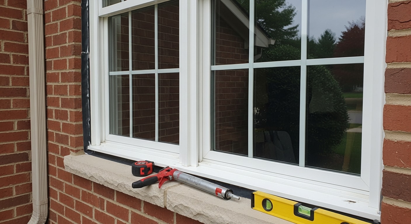 A newly installed replacement window on a colonial-style single-family home in Ashburn, VA, with clean trim lines and no visible gaps at the frame. Close view shows a tight seal between the sash and frame on a brick-exterior home typical of Ashburn neighborhoods.